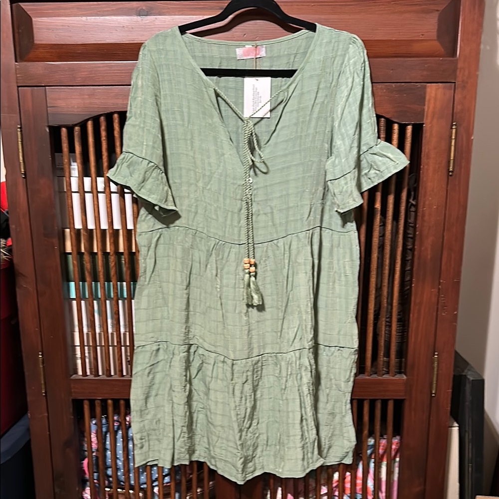 Green Ruffled Tie Front Midi Sundress